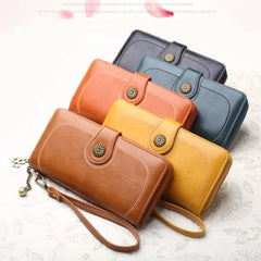 Vintage Oil Wax Leather Wallets Women Long Purse Phone Pouch Zipper Purse