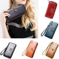 Vintage Oil Wax Leather Wallets Women Long Purse Phone Pouch Zipper Purse