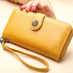 Vintage Oil Wax Leather Wallets Women Long Purse Phone Pouch Zipper Purse
