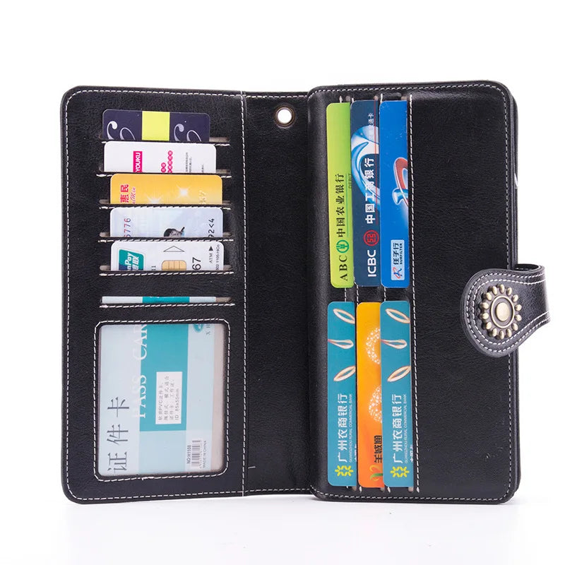 Vintage Oil Wax Leather Women Wallet Female Leather Purse Clutch Long Wallet