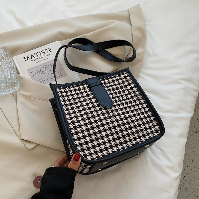 Vintage One Shoulder Bag Houndstooth Casual Messenger Bag