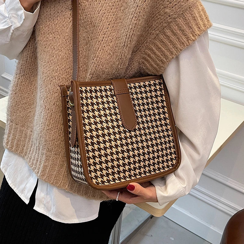 Vintage One Shoulder Bag Houndstooth Casual Messenger Bag