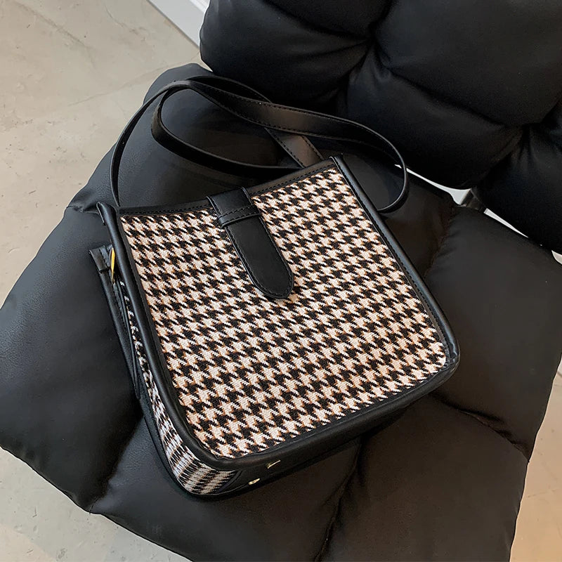 Vintage One Shoulder Bag Houndstooth Casual Messenger Bag
