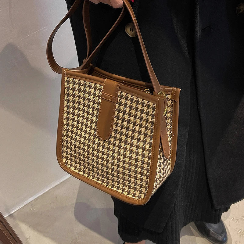 Vintage One Shoulder Bag Houndstooth Casual Messenger Bag