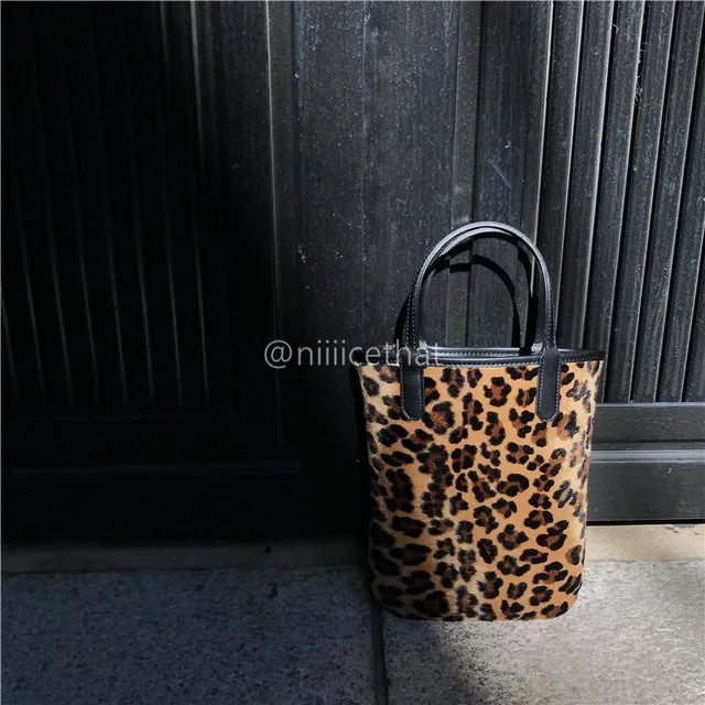 Vintage PU Leather Ladies Clutch Purse Handbags Leopard Mini Bucket Bag