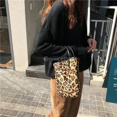 Vintage PU Leather Ladies Small Clutch Purse Leopard Women Bucket Bag