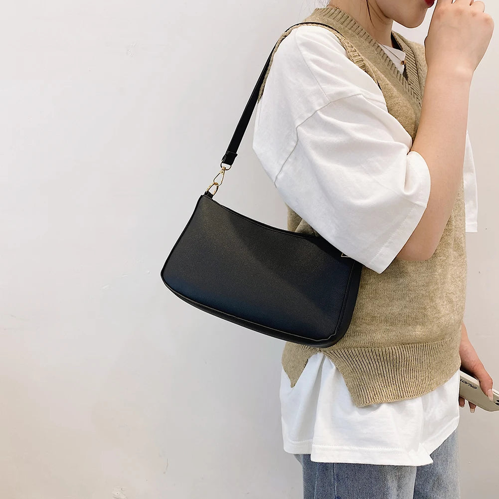 Vintage PU Leather Small Shoulder Underarm Bag Women Casual Solid Handbags