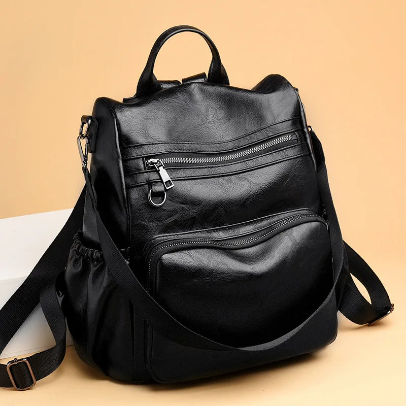 Vintage PU Leather Travel Women Shopping Backpack Large Capacity Schoolbags