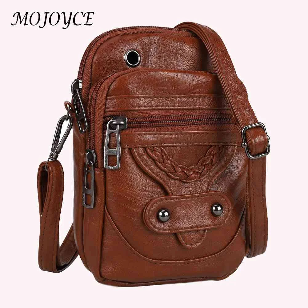 Vintage PU Shoulder Bag Soft Leather Female Tote Bag Zipper Mobile Phone Pouch