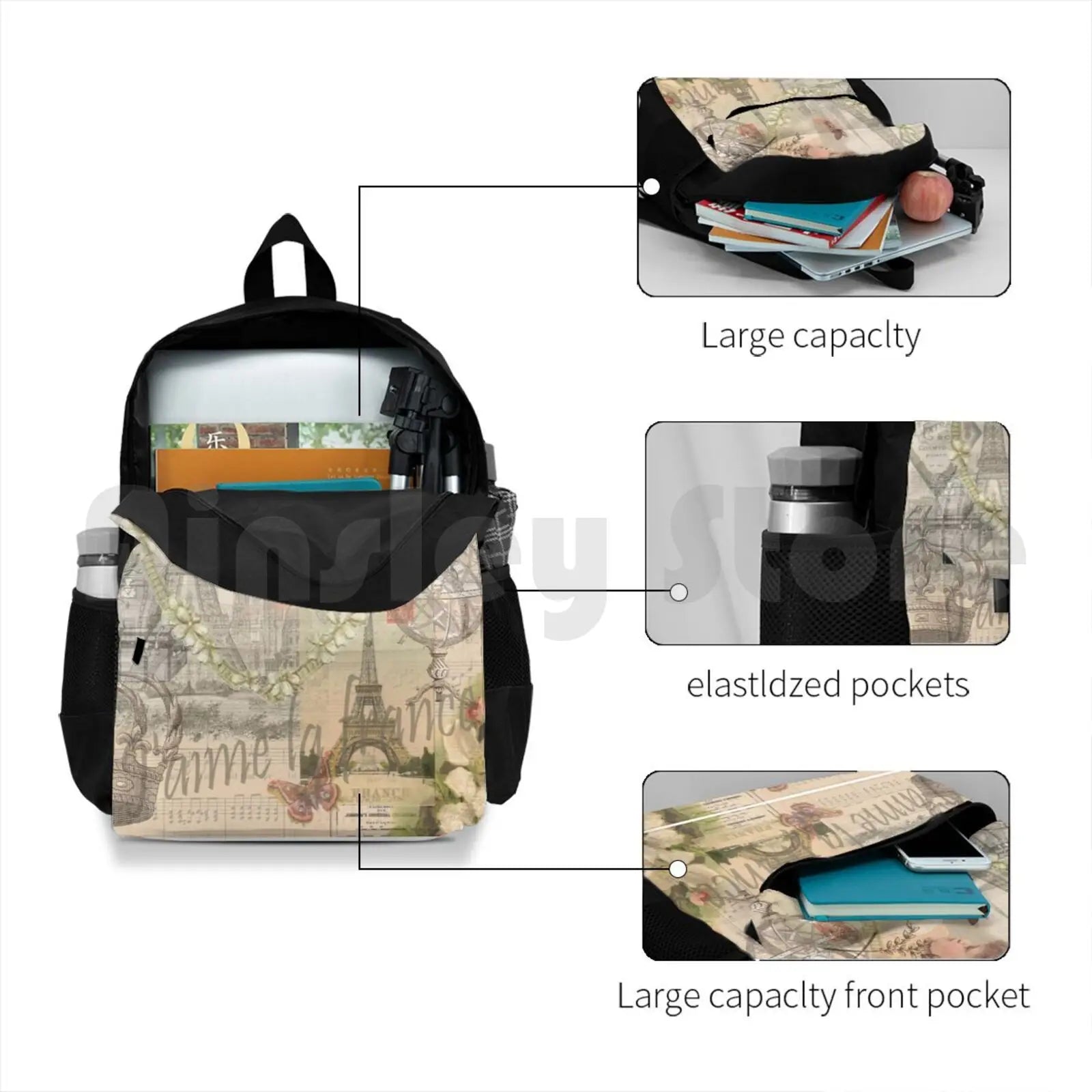 Vintage Paris Eiffel Collage Outdoor Hiking Backpack