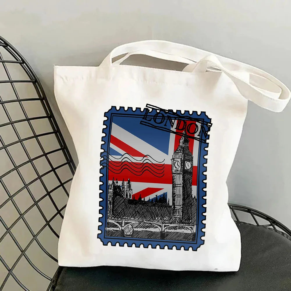 Vintage Paris London Amsterdam York Tokyo Berlin Stamp Women Canvas Shoulder Han