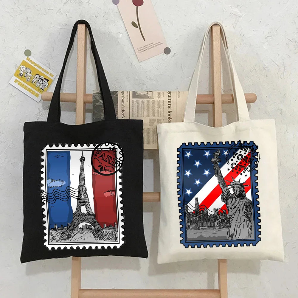 Vintage Paris London Amsterdam York Tokyo Berlin Stamp Women Canvas Shoulder Han