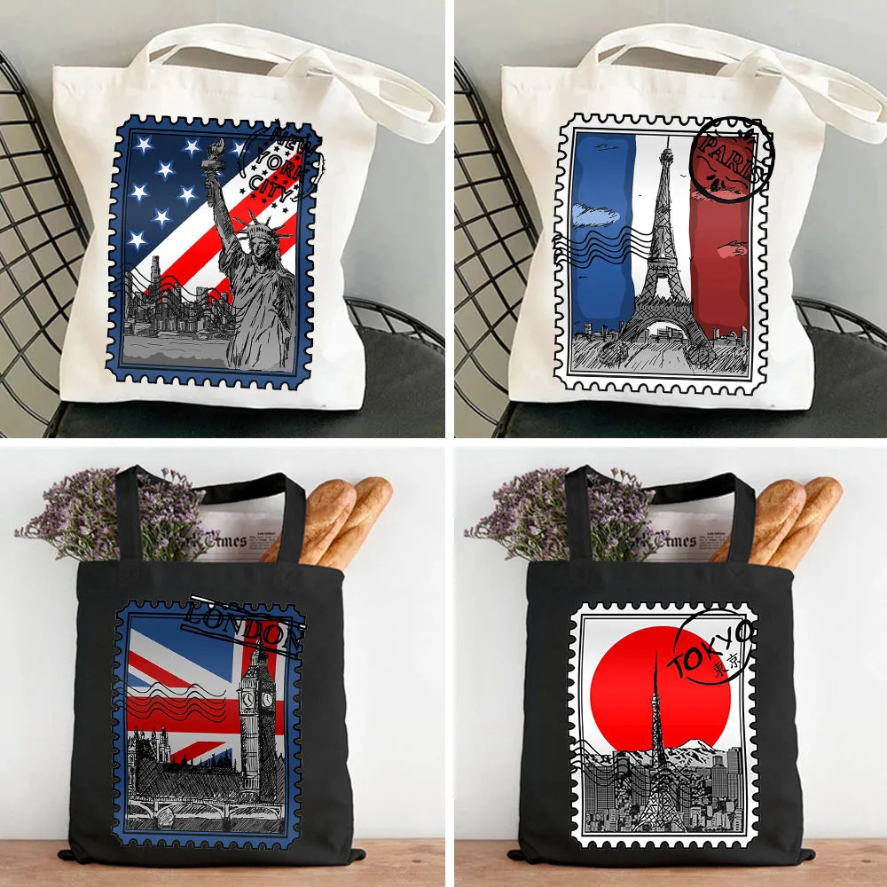 Vintage Paris London Amsterdam York Tokyo Berlin Stamp Women Canvas Shoulder Han