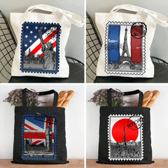 Vintage Paris London Amsterdam York Tokyo Berlin Stamp Women Canvas Shoulder Han