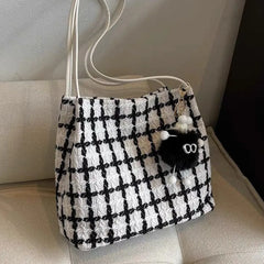 Vintage Plaid Woolen Shoulder Bags Women Large Capacity Underarm Totes