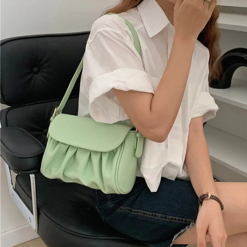 Vintage Pleated Shoulder Crossbody Bag for Women PU Leather