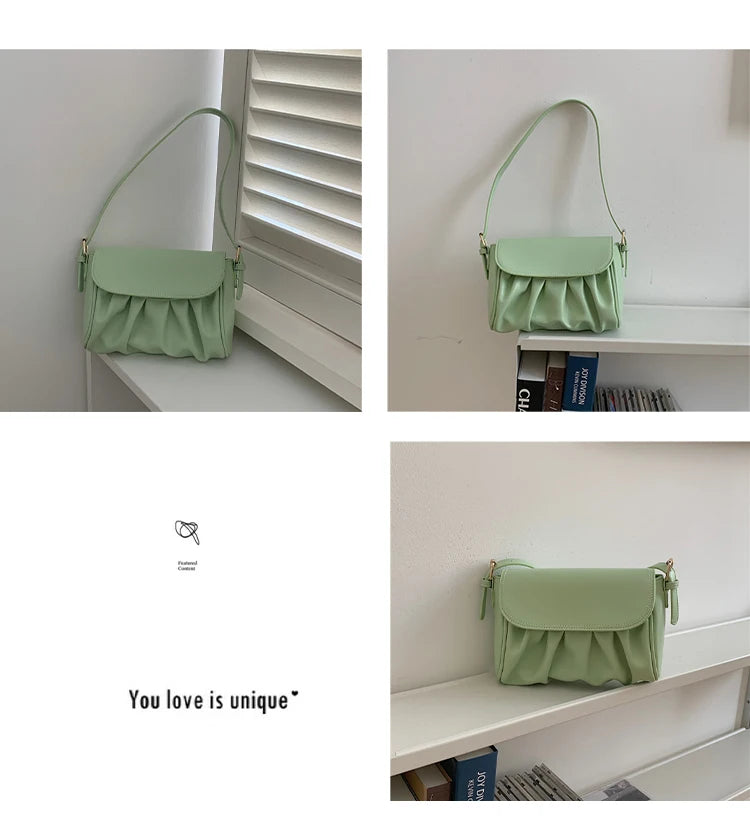 Vintage Pleated Shoulder Crossbody Bag for Women PU Leather