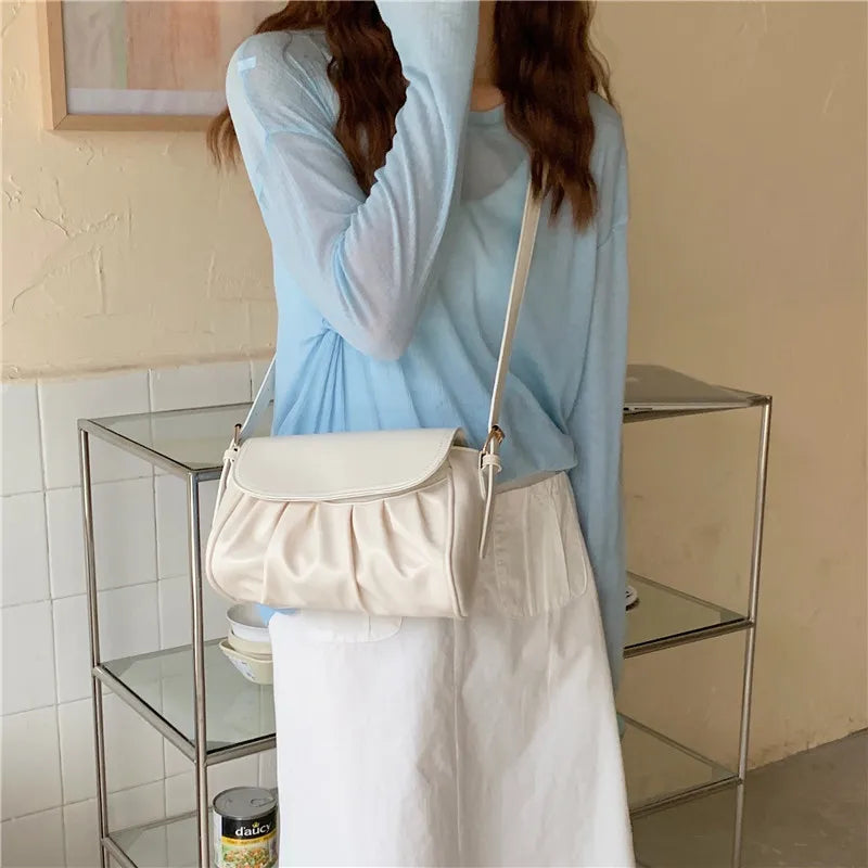 Vintage Pleated Shoulder Crossbody Bag for Women PU Leather