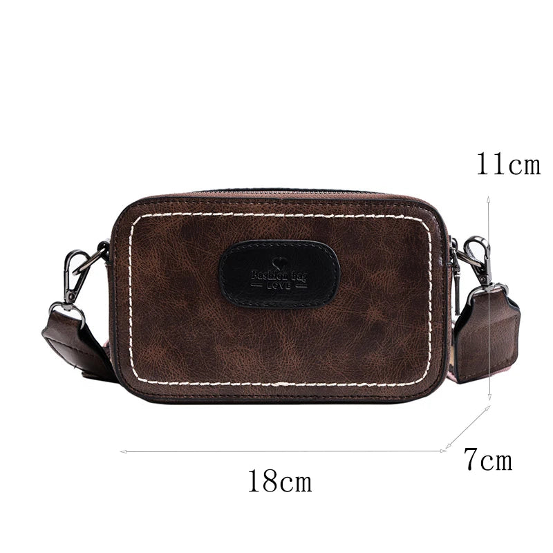 Vintage Wide Strap Crossbody Bag Women PU Leather Shoulder Messenger