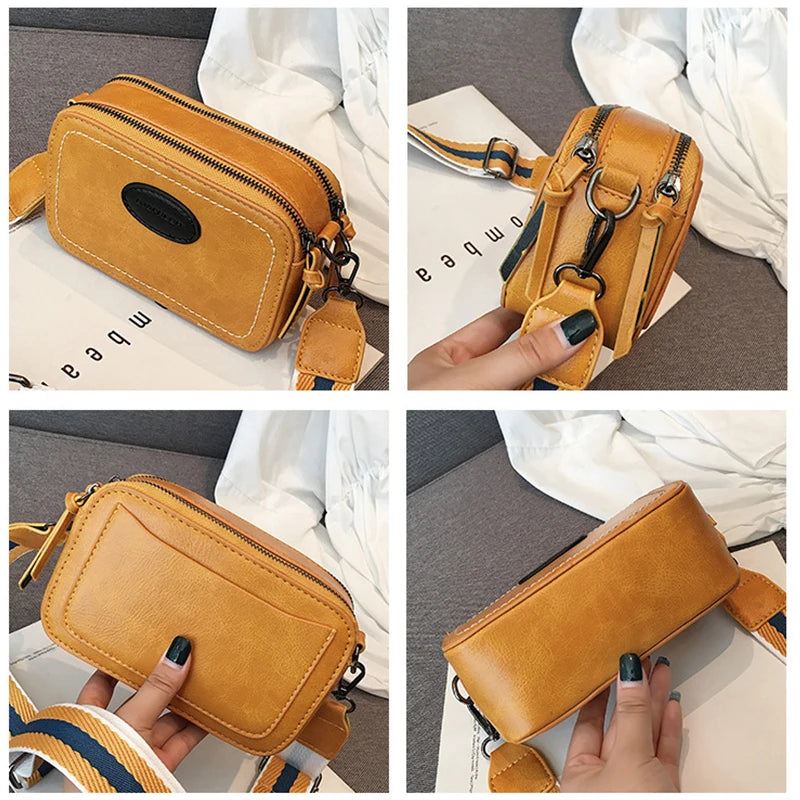 Vintage Wide Strap Crossbody Bag Women PU Leather Shoulder Messenger