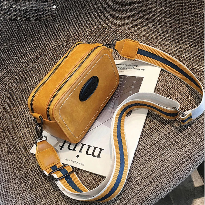 Vintage Wide Strap Crossbody Bag Women PU Leather Shoulder Messenger