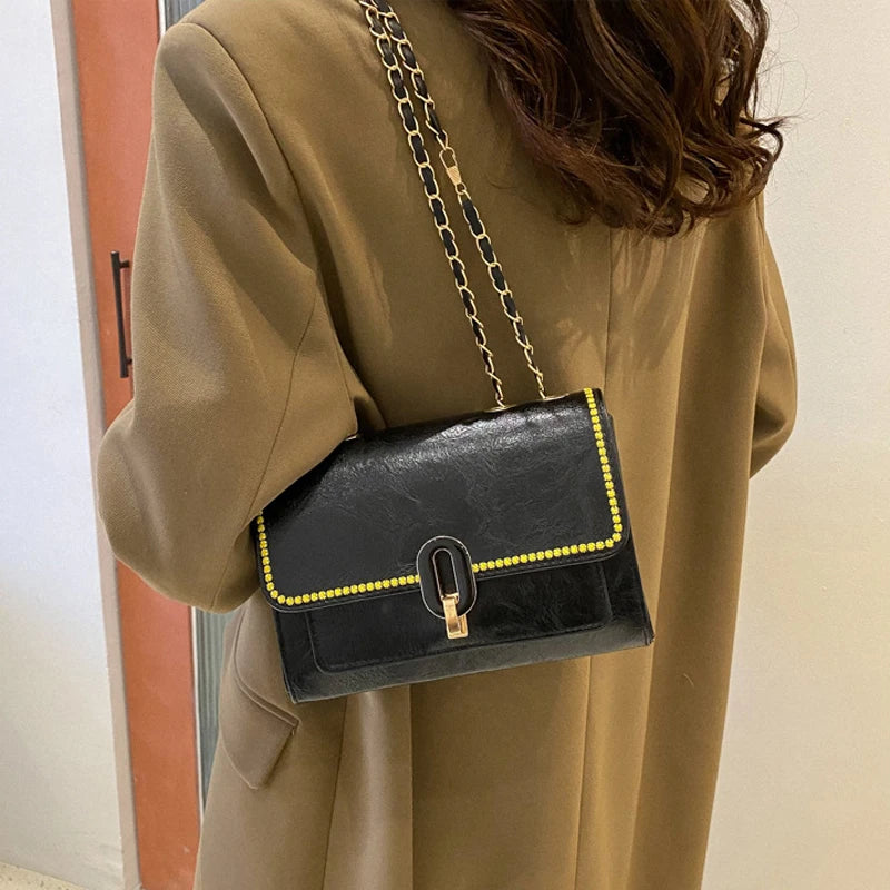 Vintage Pu Leather Shoulder Bag Casual Chain Strap Crossbody Bags For Women