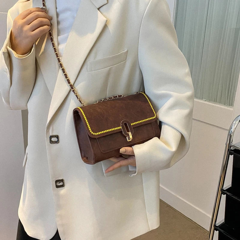 Vintage Pu Leather Shoulder Bag Casual Chain Strap Crossbody Bags For Women