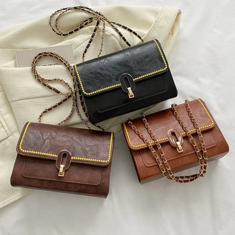Vintage Pu Leather Shoulder Bag Casual Chain Strap Crossbody Bags For Women
