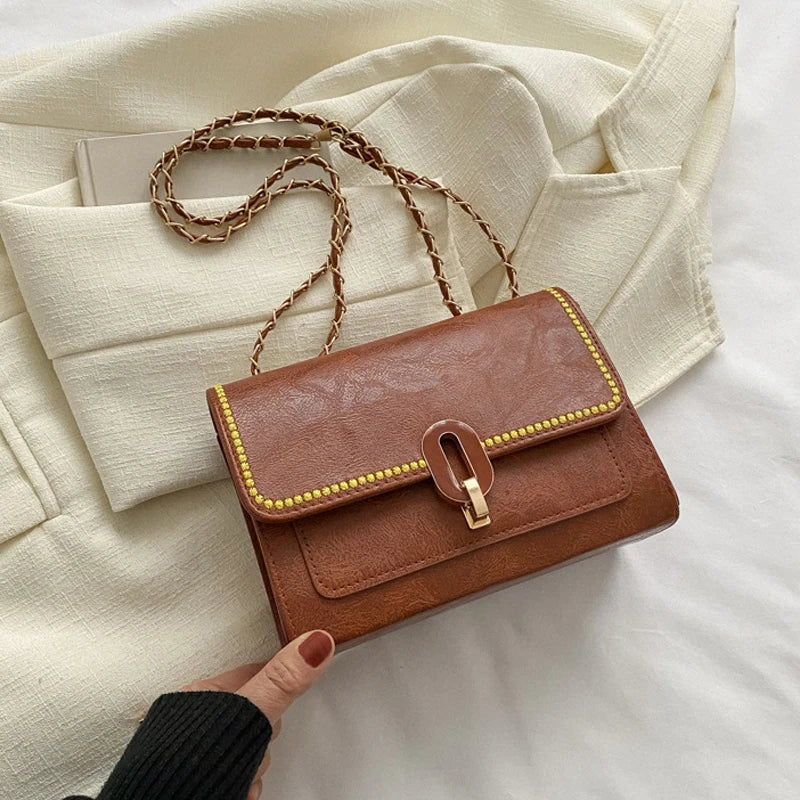 Vintage Pu Leather Shoulder Bag Casual Chain Strap Crossbody Bags For Women