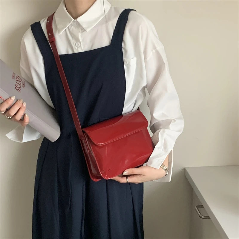 Vintage Red Patent Leather Shoulder Bag Women Messenger Purse