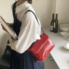 Vintage Red Patent Leather Shoulder Bag Women Messenger Purse