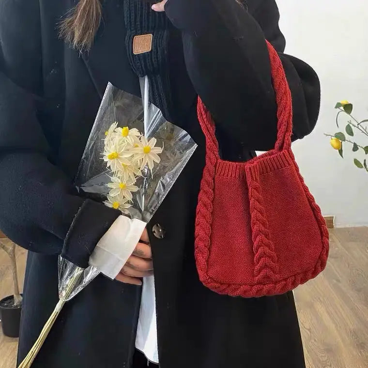 Vintage Red Shoulder Bags Women Ins Dot Knitting Totes Stylish Portable Handbag