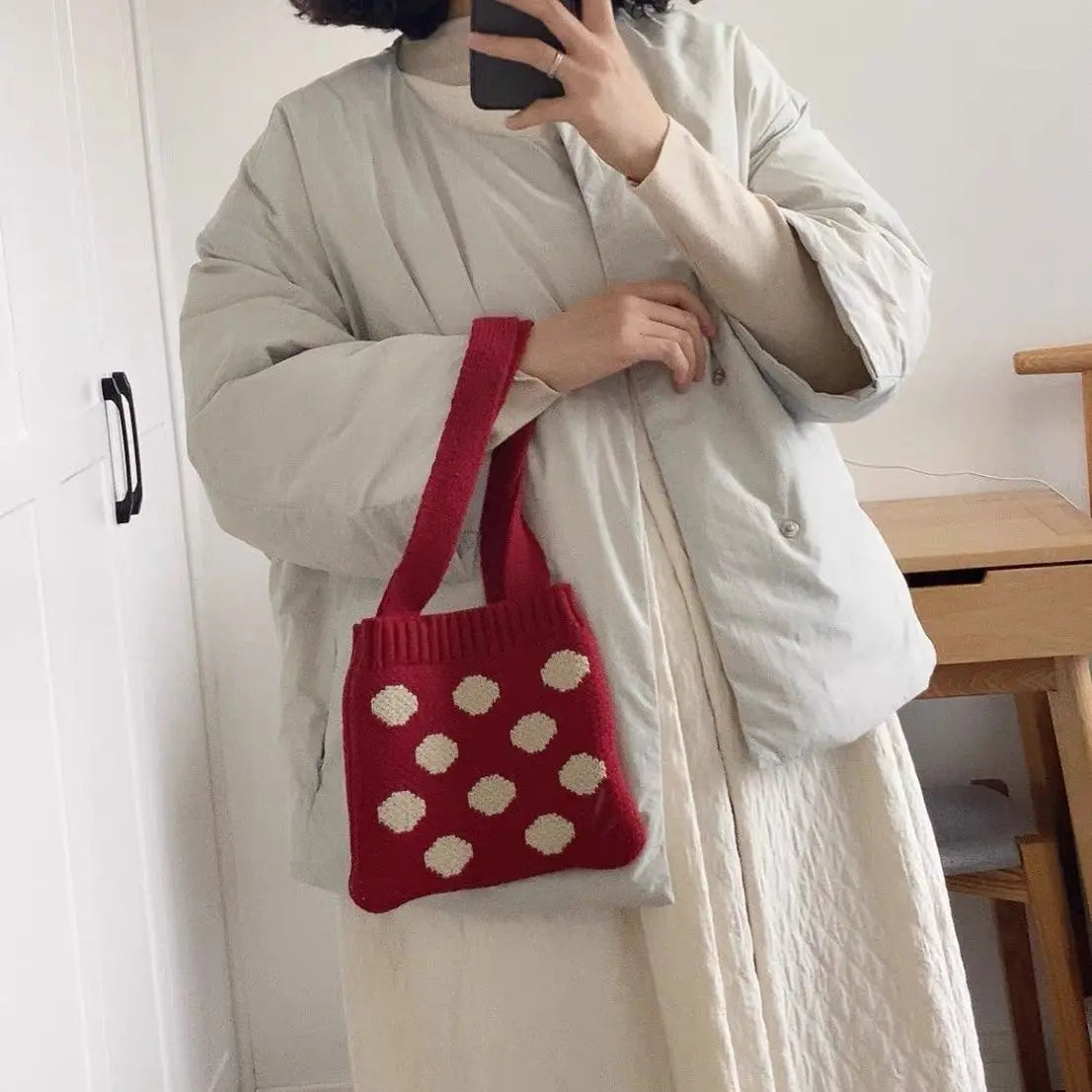 Vintage Red Shoulder Bags Women Ins Dot Knitting Totes Stylish Portable Handbag