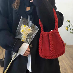 Vintage Red Shoulder Bags Women Ins Dot Knitting Totes Stylish Portable Handbag