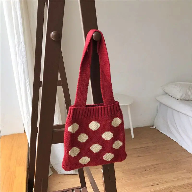 Vintage Red Shoulder Bags Women Ins Dot Knitting Totes Stylish Portable Handbag