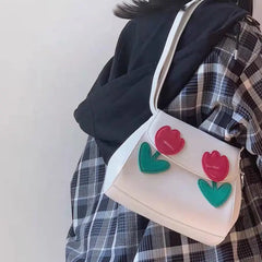Vintage Red Tulip Women Shoulder Bags Ladies Pu Leather Underarm Bag