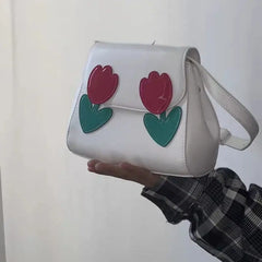 Vintage Red Tulip Women Shoulder Bags Ladies Pu Leather Underarm Bag