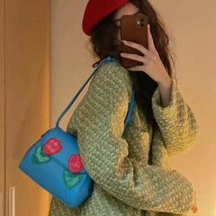 Vintage Red Tulip Women Shoulder Bags Ladies Pu Leather Underarm Bag