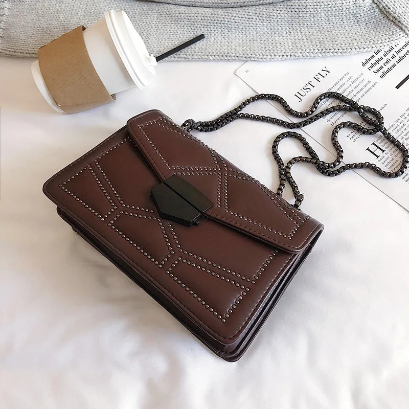 Vintage Rivet Small Crossbody Bags For Women PU Leather Chain Handbag