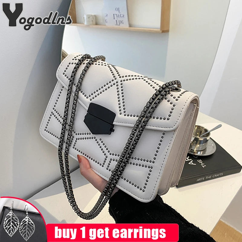 Vintage Rivet Small Crossbody Bags For Women PU Leather Chain Handbag