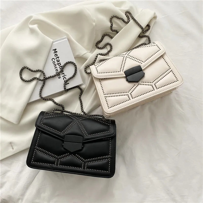 Vintage Rivet Small Crossbody Bags For Women PU Leather Chain Handbag