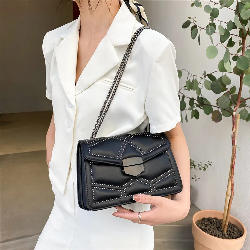 Vintage Rivet Small Crossbody Bags For Women PU Leather Chain Handbag
