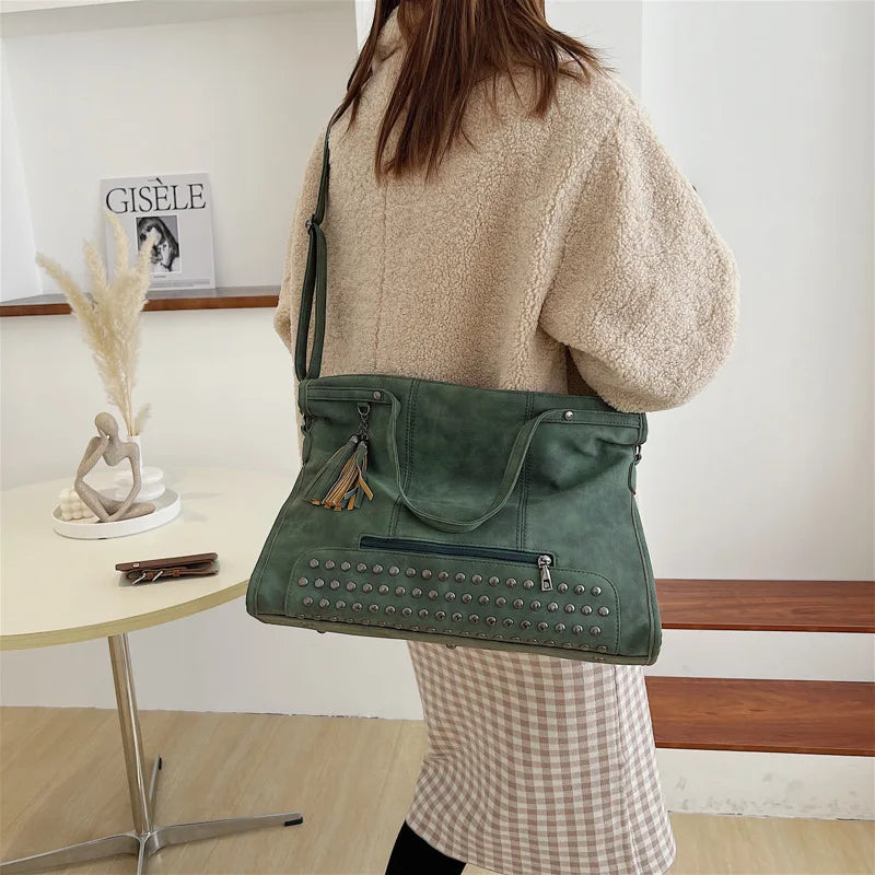 Vintage Rivet Handbags Large Capacity Tote Bags Shopper Female Shoulder Bag