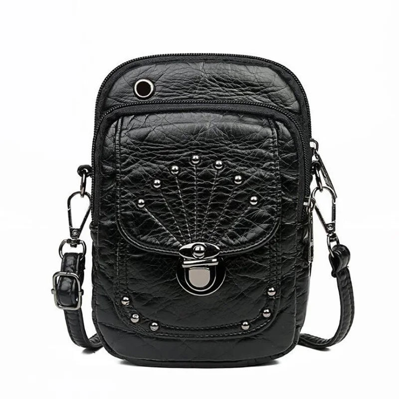 Vintage Rivet Shoulder Bag Soft PU Leather Mobile Phone Bag Small Crossbody Bag