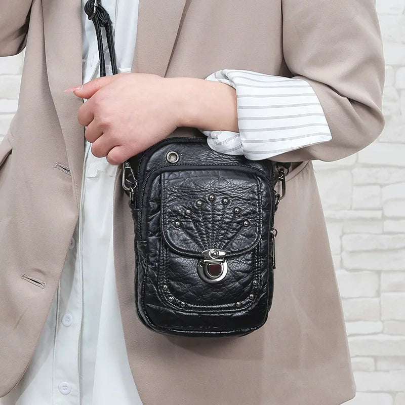Vintage Rivet Shoulder Bag Soft PU Leather Mobile Phone Bag Small Crossbody Bag