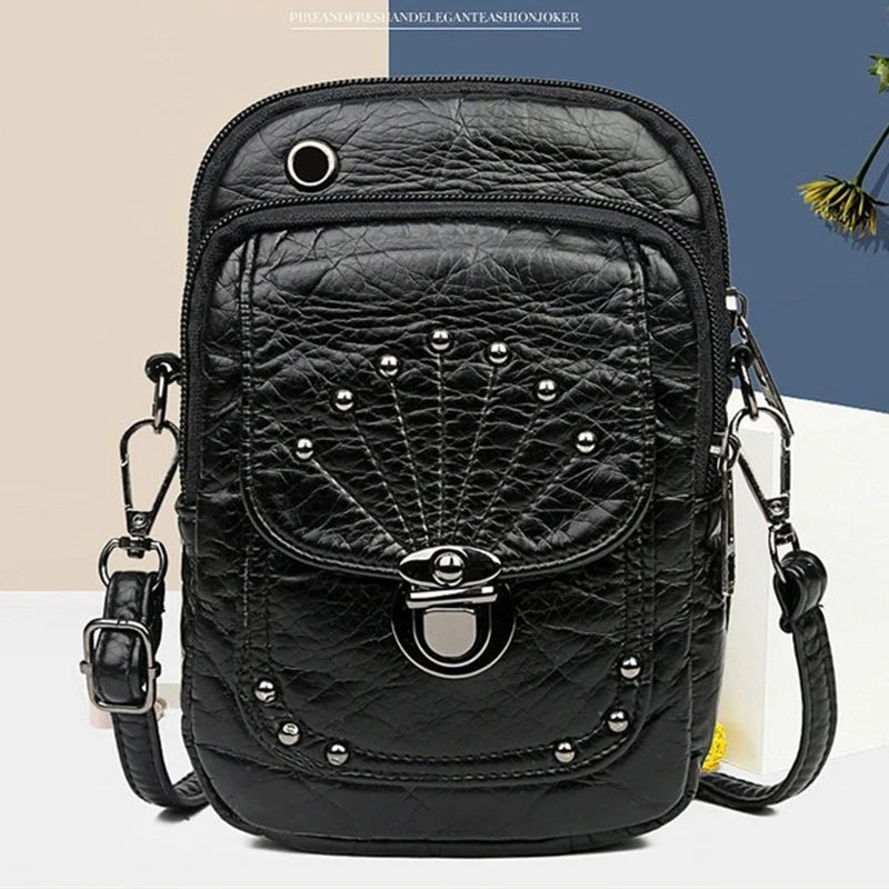 Vintage Rivet Shoulder Bag Soft PU Leather Mobile Phone Bag Small Crossbody Bag