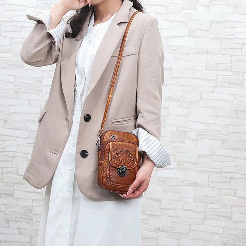 Vintage Rivet Shoulder Bag Soft PU Leather Mobile Phone Bag Small Crossbody Bag