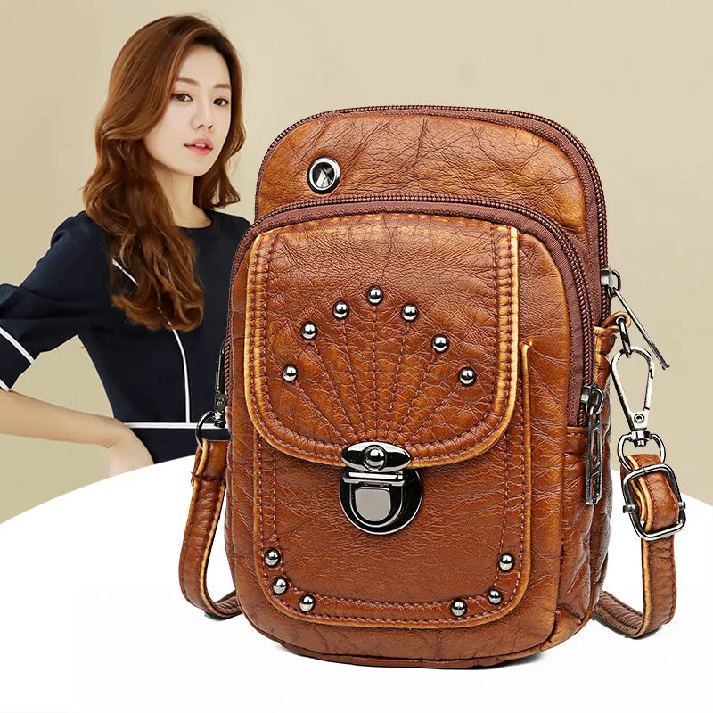 Vintage Rivet Shoulder Bag Soft PU Leather Mobile Phone Bag Small Crossbody Bag