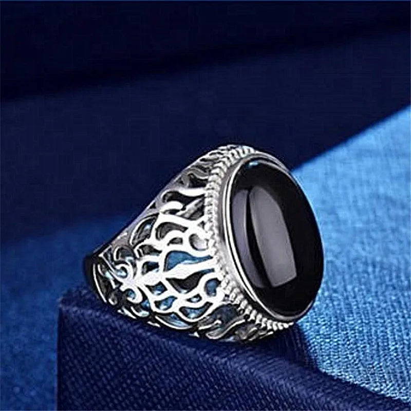 Vintage Royal Carving Gemstones Agate Jade Men's Silver Ring