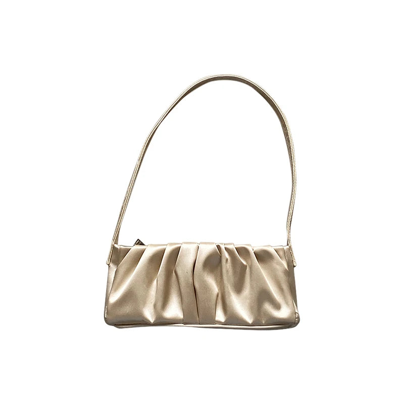 Vintage Satin Folds Shoulder Bag for Woman Solid Soft-Faced Zipper Handbag Women